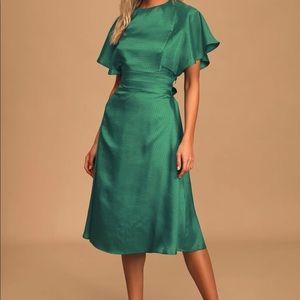 Cabaret Queen Green Polka Dot Embossed Satin Backless Midi Dress